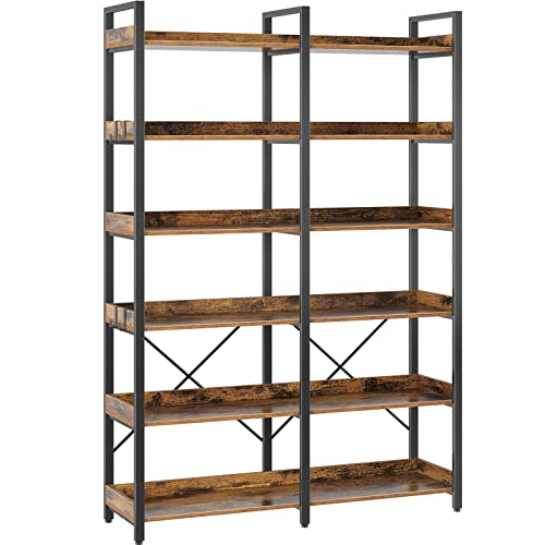 Seventable 6-Tier Rustic Brown Industrial Bookshelf with Hooks and Open Shelves Seventable