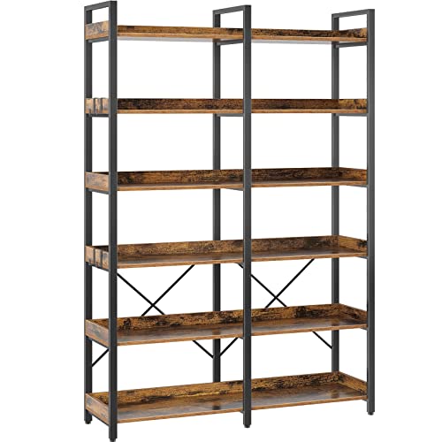 Seventable 6-Tier Rustic Brown Industrial Bookshelf with Hooks and Open Shelves - WoodArtSupply