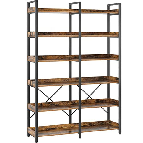 Seventable 6-Tier Rustic Brown Industrial Bookshelf with Hooks and Open Shelves Seventable