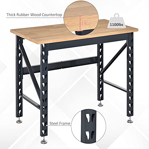 HOMCOM 45" Work Bench with Adjustable Footpads and Large Solid Wood Tabletop Tool Table for Garage, Weight Capacity 1100 lbs - WoodArtSupply