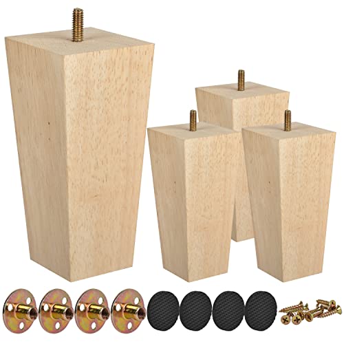 4 Inch / 10 cm Wooden Furniture Legs, Tchosuz Set of 4 Solid Wood Mid-Century Modern Pyramid Replacement Feets with 5/16 inch Bolt & Rubber Floor WoodArtSupply