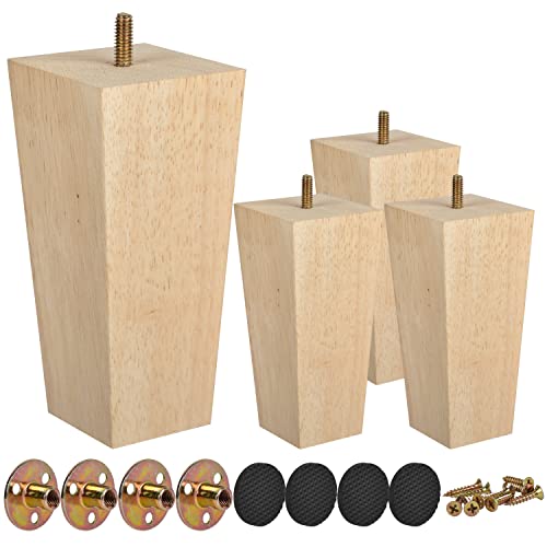 4 Inch / 10 cm Wooden Furniture Legs, Tchosuz Set of 4 Solid Wood Mid-Century Modern Pyramid Replacement Feets with 5/16 inch Bolt & Rubber Floor