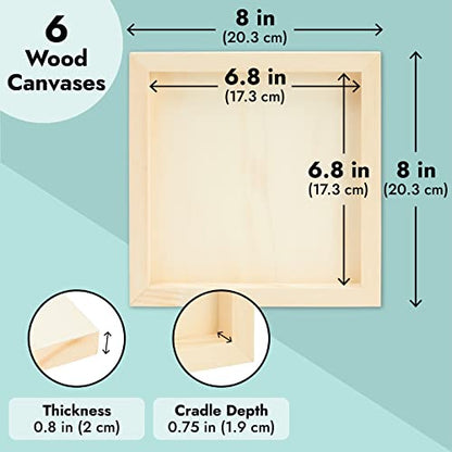 Unfinished 8x8 Wood Canvas for Arts and Crafts, Framed Flat Cradle Panel Boards for Painting Supplies (6 Pack)