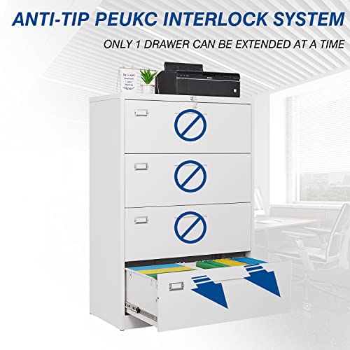 PEUKC Lateral File Cabinet with Lock, 4 Drawer Storage Filing Cabinet with Anti-tilt Mechanism, Metal File Cabinets for Home Office,Hanging Files