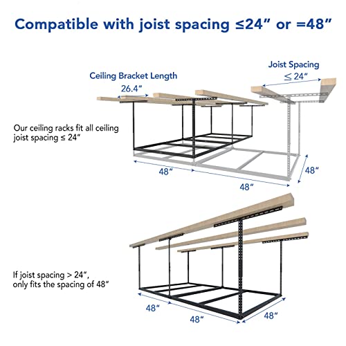 FLEXIMOUNTS 4x8 Overhead Garage Storage Rack without Decking,Garage Storage Organization System,Heavy Duty Metal Garage Ceiling Storage Racks,600lbs - WoodArtSupply