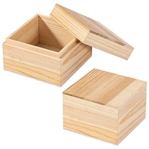 Useekoo Unfinished Wooden Box with Lid, 2 Pcs 3.9''x3.86''x2.6'' Small Keepsake Box, Rustic Wood Boxes for Crafts Art Hobbies and Home Decorations