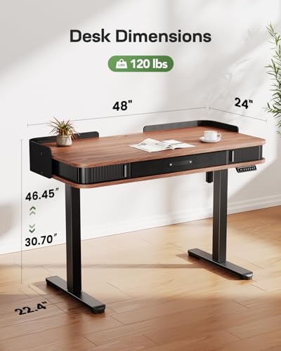 Marsail Electric Standing Desk Whole-Piece Desktop 48 x 24 Inches Height Adjustable Desk with 3 Drawers Home Office Table with 3 Memory Preset Marsail