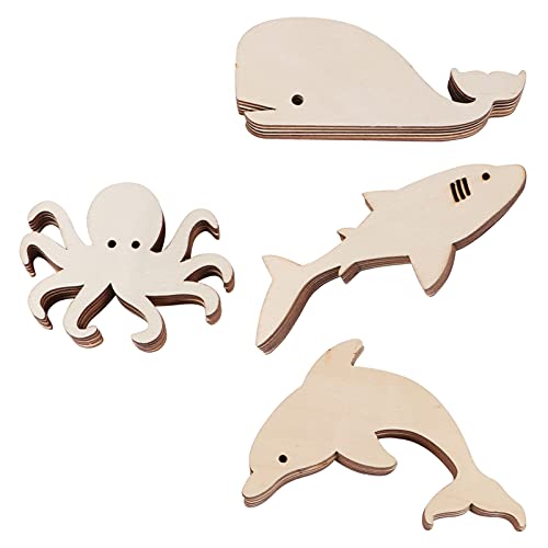 Healifty 24Pcs Marine Animal Wood Chips Unfinished Woods Slices Natural Unfinished Wood Slices Hanging Unfinished Wood DIY Wood Slice Octopus Decor Healifty
