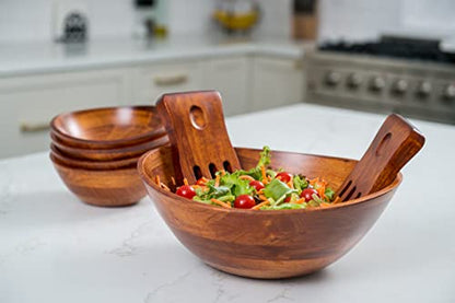 Lipper International Cherry Finished Wavy Rim Serving Bowl with 2 Salad Hands, Large, 13" x 12.5" x 5", 3-Piece Set - WoodArtSupply