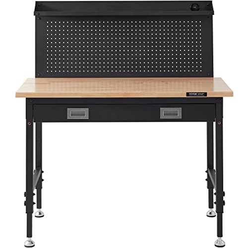 VEVOR Workbench Adjustable Height 28-39.5" Work Bench for Garage Oak Plank & Carbon Steel Heavy Duty Workbench 2000lbs Weight Capacity Bench top Size VEVOR