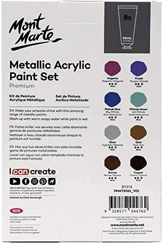 MONT MARTE Premium Metallic Acrylic Paint Set, 8 x 1.02oz (36ml) Tubes, 8 Colors, Suitable for Most Surfaces Including Canvas, Card, Paper and Wood MONT MARTE