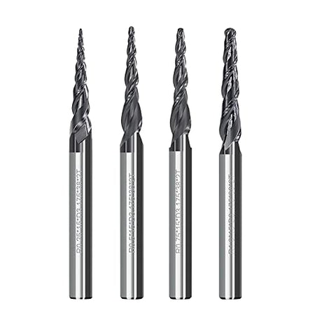 4Pcs Tapered Ball Nose End Mill, 1/8” Shank R0.25/R0.5/R0.75/R1.0 Tip Carbide Wood Engraving Bit CNC Router Bit Milling Cutter 2D and 3D Engrave AnoleX