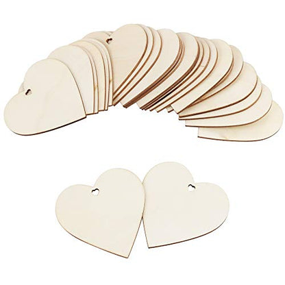 WYKOO 50 Pcs 3 Inch Natural Heart Wood Slices DIY Wooden Ornaments Unfinished Wooden Heart Embellishments with Natural Twine for Valentine's Day,