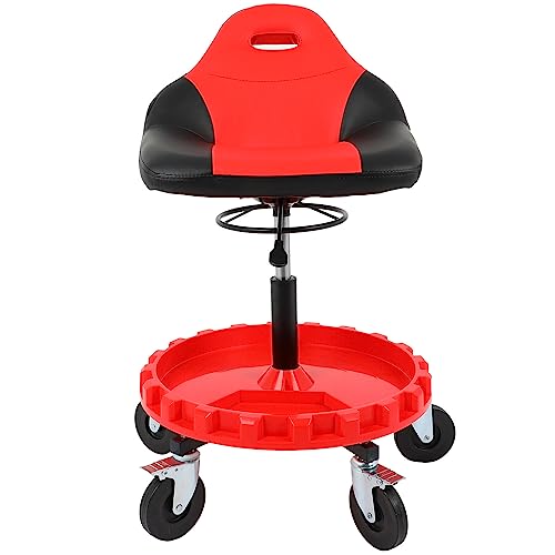 ACZCR Rolling Garage Stool with Backrest 400LBS Capacity 21-26 Height Adjustable Shop Stool with 5 Wheels and Tool Tray Mechanics Stool Mechanic