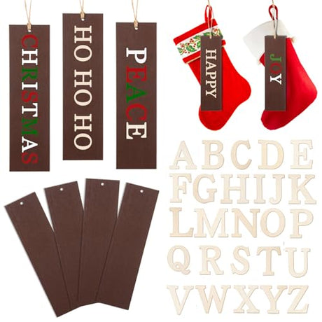 12 Pcs Christmas Stocking Name Tags and 8 Sets Unfinished Wood Letters A to Z Personalized Xmas Stocking Name Tags Set Blank Farmhouse Stocking AWIZOM