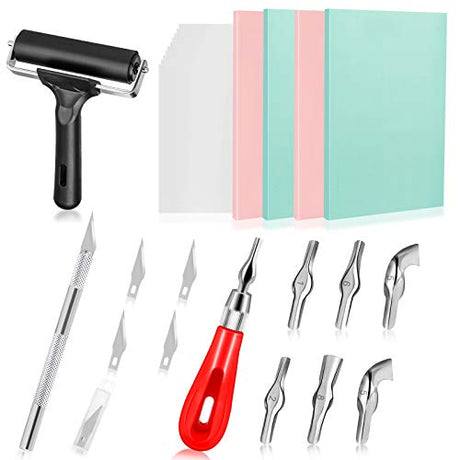 Hakkin 26Pcs Rubber Stamp Making Kit, Block Printing Starter Tool Kit, Linoleum Cutter with 6 Type Blades, Rubber Carving Block, Tracing Paper, Hakkin