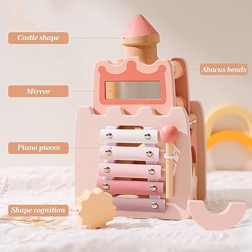 Wooden Baby Activity Cube for Toddlers 1-3,5 in 1 Castle Shape Sorter Bead Maze Montessori Toys for Baby 6 Months+, Educational Learning Toy for Kids Wooden Teether