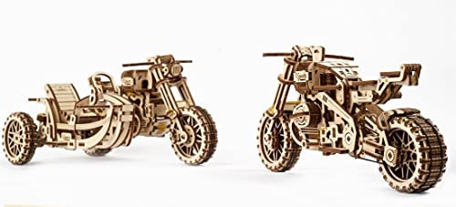 UGEARS Motorcycle with Sidecar 3D Puzzles - UGR-10 Motorcycle Scrambler Wooden Model Kits for Adults to Build - Retro Design Sidecar Motorbike Model UGEARS