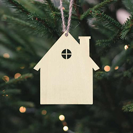 20pcs Wooden House Shaped DIY Craft Cutouts Unfinished Wood with Ropes Embellishments Gift Tags Ornaments for Wedding Home Christmas Party Decoration JANOU