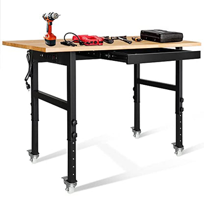 59" Bamboo Wood Garage Workbench w/Power Outlets & Drawer,Adjustable Height 25.4"-35.2",Multifunctional Workstation on Wheels 2000 Lbs Commercial
