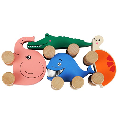 TOWO Wooden Cars for Toddlers - Animals on Wheels - Vehicles Sensory Grasping Motor Skill Toy –Push and Go First Trucks for Baby 12 Months 1 Year Old Toys of Wood Oxford