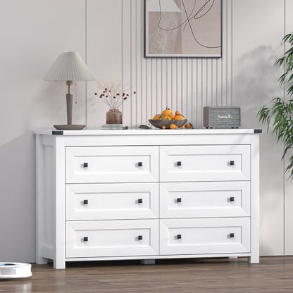 Boonatu White Dresser for Bedroom with 6 Drawers, White Dresser, Wood Dressers Chest of Drawers with Metal Handles, Modern Bedroom Dresser with