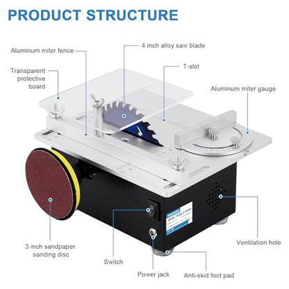 MXBAOHENG Mini Precision Table Saw 4” Small Portable Hobby Table Saw for Crafts, 1.18 Inch Cutting Depth, DIY Mini Table Saw 120W with Sanding Disc - WoodArtSupply