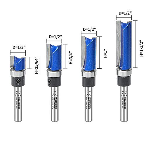 KOWOOD Plus Pattern Flush Trim Router Bit Set, 1/4 Inch Shank, Top Bearing Flush Trim Bit Kit. Cutting Height in 25/64”, 3/4”, 1”, 1-1/2”. With - WoodArtSupply