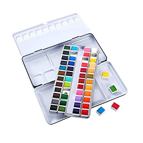KINGART PRO Artist, Tin Box with Water Brush Watercolor Half-Pans, 48 Vibrant Colors Piece,518-48 KINGART
