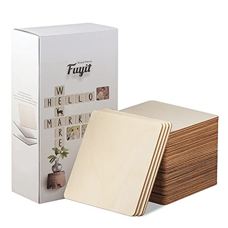 Fuyit Unfinished Wood Pieces, 50Pcs 6 x 6 Inch Blank Natural Wood Square Wooden Cutouts Board for DIY Crafts Painting, Scrabble Tiles, Coasters, Fuyit