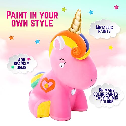 GirlZone Paint Your Own Unicorn Piggy Bank for Girls, Paint a Cute Unicorn with Cool Metallic Paints, Great Craft Kit for Kids and Fun Gift Idea GirlZone