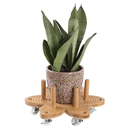 Vigordream Plant Caddy with Wheels 14" Heavy Duty Plant Rollers for Flower Pot, Bamboo Planter Dolly Holder Lockable Casters for Indoor Outdoor - WoodArtSupply