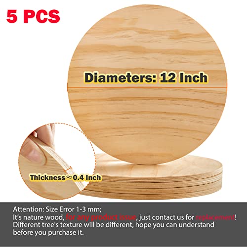 2/5 inch Thick Wood Circles for Crafts,12 inch Unfinished Wood Rounds,5 Pack Natural Wood Slices 12 inch for Ornaments, Centerpieces, Pyrography, Door