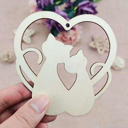 20pcs Cat Wood DIY Crafts Cutouts Wooden Cat Heart Shaped Hanging Ornaments with Hole Hemp Ropes Gift Tags for Baby Shower Wedding Valentine's Day