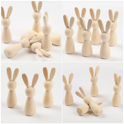 VOSAREA 6pcs Unfinished Wooden Bunny DIY Blank Wood Rabbit Peg Dolls Natural Wooden Bunny Figures for Party DIY Painting Decorations VOSAREA
