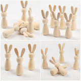 VOSAREA 6pcs Unfinished Wooden Bunny DIY Blank Wood Rabbit Peg Dolls Natural Wooden Bunny Figures for Party DIY Painting Decorations VOSAREA