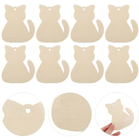 Tofficu 40pcs Unfinished Wooden Cat Cutout DIY Ornaments Paintable Blank Wood Cat Slices Gift Tag with Hole for Pets Themed Birthday Christmas Tofficu
