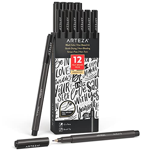 ARTEZA Felt-Tip Brush Pens, Set of 12 Nontoxic Black Marker Pens, Quick-Dry and Smear-Proof, Art Supplies for Sketching, Lettering, and Calligraphy ARTEZA