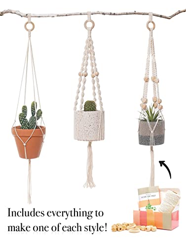 Macrame Kit - Makes 3 Macrame Plant Hangers with Easy To Follow Instructions for Adult Beginners - Includes 109 Yards 3mm Cotton Macrame Cord, - WoodArtSupply