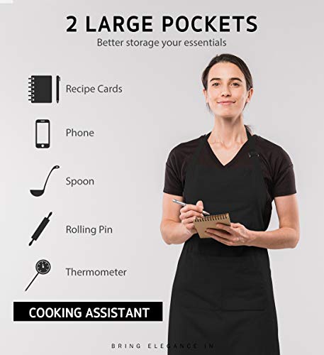 Syntus 2 Pack Adjustable Bib Apron Waterdrop Resistant with 2 Pockets Cooking Kitchen Aprons for Women Men Chef, Black - WoodArtSupply