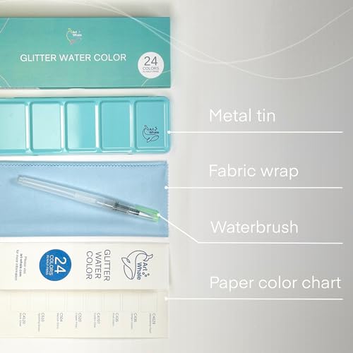 Art Whale Metallic Watercolor 24 Colors in Half-Pans with Waterbrush - Highly Pigmented Tin Box for Painters, Professionals, Beginners, Hobbyists, Art Whale