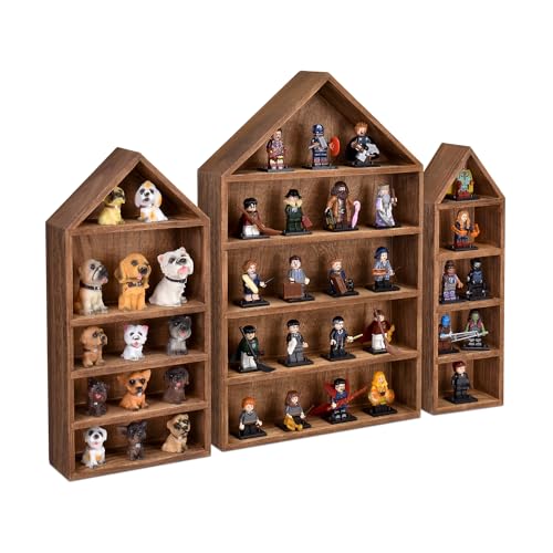 Ikee Design 3 Pcs Set House-Shaped Shelf Wooden Shadow Cubby Box Display Shelf Organizer Storage Display Shadow Box for Mini Figures,15 Compartments, - WoodArtSupply