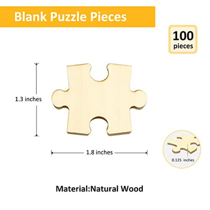 100 Piece Blank Puzzle Pieces for Crafts, Freeform Blank Wooden Puzzle Pieces for Arts & DIY, Each Piece is 1.8x1.3 Inches with Round Traditional