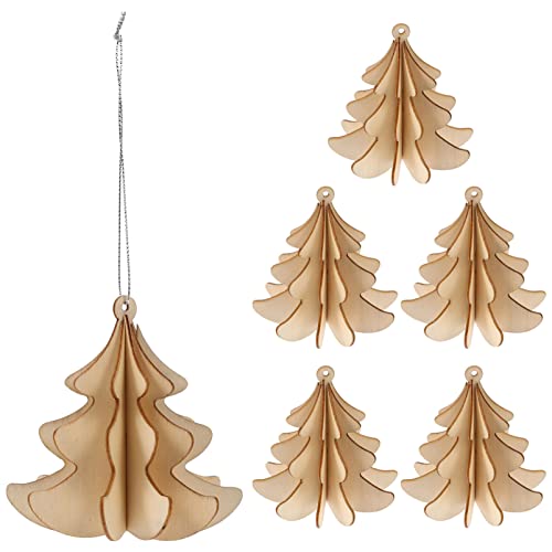 ABOOFAN 6 Pcs Christmas Wooden Ornaments 3D Xmas Tree Shaped Unfinished Wood Cutouts Christmas Tree Hanging Decor for Xmas Tree Holiday Wedding Party