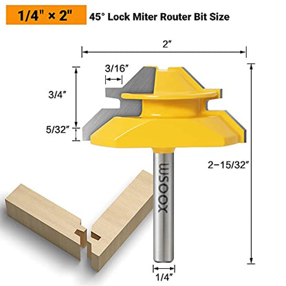 WSOOX 1/4 Inch Shank 45 Degree Lock Miter Router Bit Set, 3pcs Joint Router Bits, Wood Milling Cutter Glue Joint Tools Set (for Cutting 1/2Inch, - WoodArtSupply