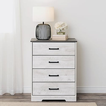 Prepac Rustic Ridge Farmhouse Chest, Wooden Bedroom Dresser with 4 Storage Drawers, 18.25in x 27.5in x 35.5in, Washed White - WoodArtSupply