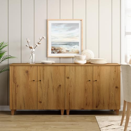 WAMPAT Sideboard Buffet Cabinets, 70.8" Wood Coffee Bar Cabinet with 4 Doors, Set of 2 Kitchen Storage Cabinets with 6 Compartments, Modern Credenza