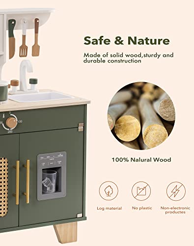 ROBOTIME Play Kitchen with Pretend Ice Cube Dispenser for Toddler, Wooden Kids Kitchen Play Set, Toy Kitchen Set for Kids Age 3 4 5 6 7 (Vintage ROBOTIME