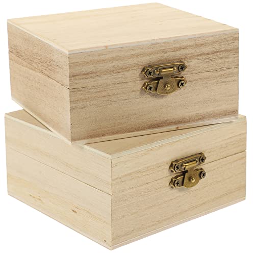 2 Pack Unfinished Wood Box, Rectangular Unfinished Wooden Box with Hinged Lid and Front Clasp Natural Wood Storage Boxes for Jewelry Container - WoodArtSupply