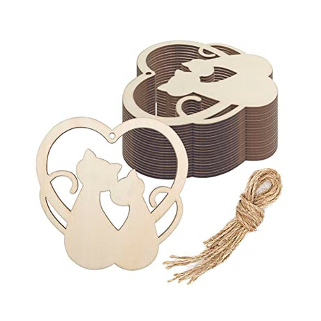 20pcs Cat Wood DIY Crafts Cutouts Wooden Cat Heart Shaped Hanging Ornaments with Hole Hemp Ropes Gift Tags for Baby Shower Wedding Valentine's Day Creaides